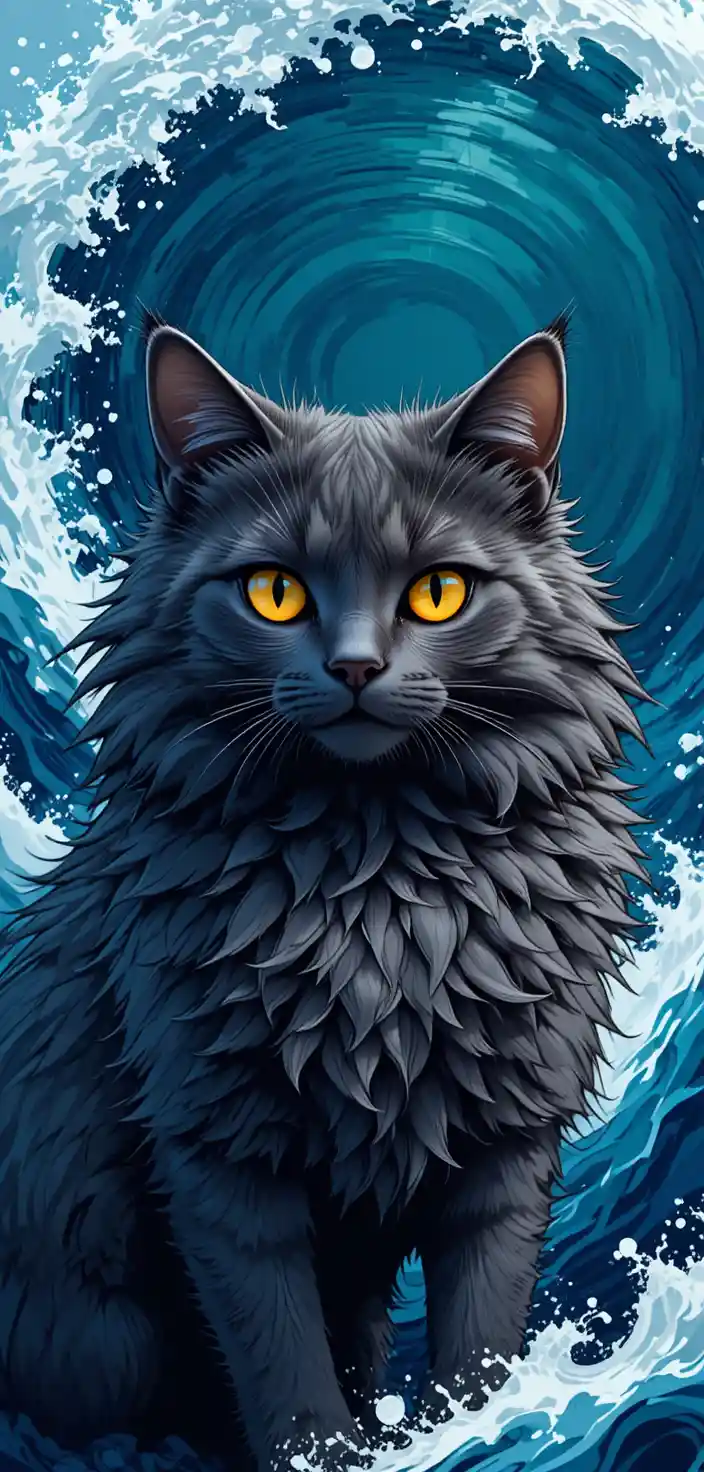 Digital fantasy cat with yellow eyes before crashing ocean waves