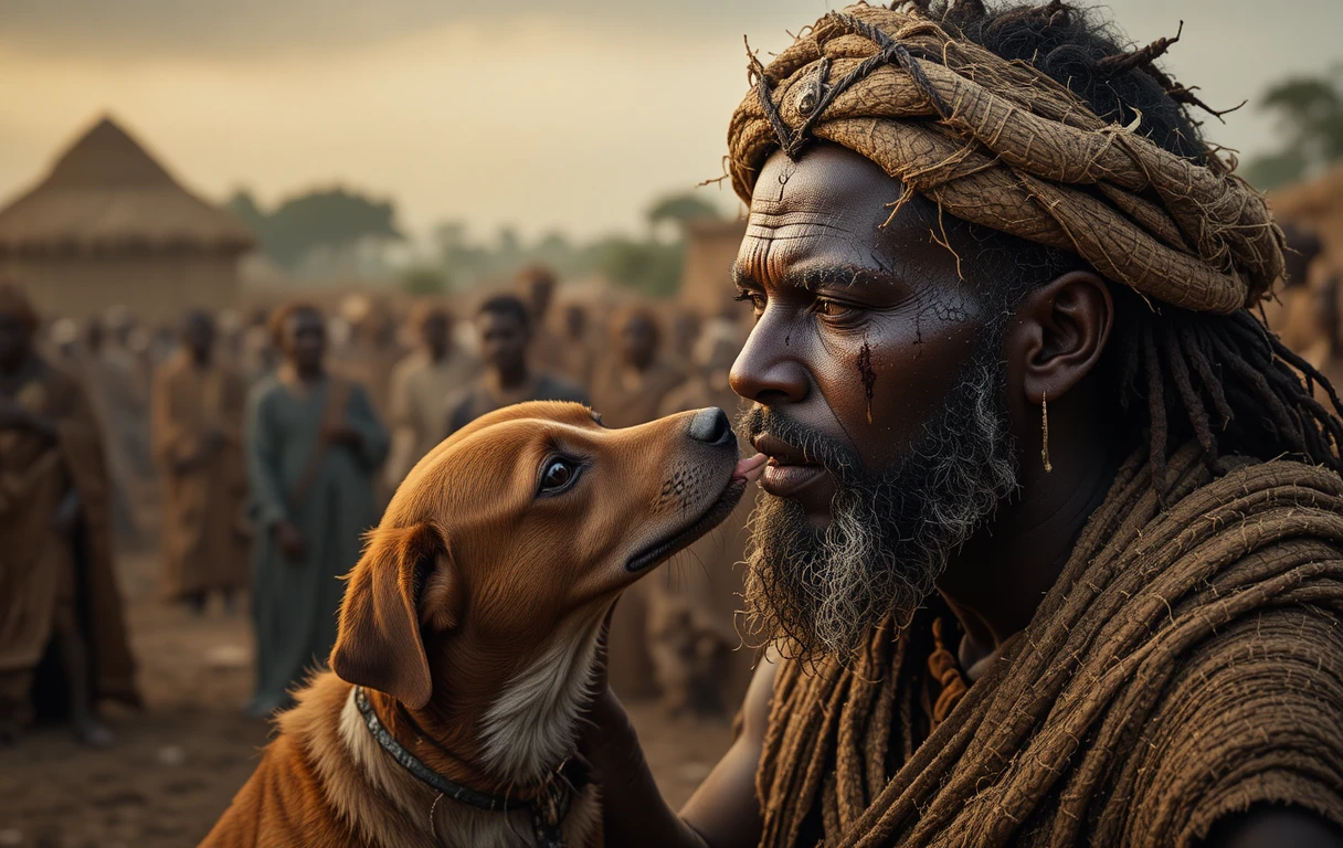 Healer in sackcloth with loyal dog at hopeful village dawn