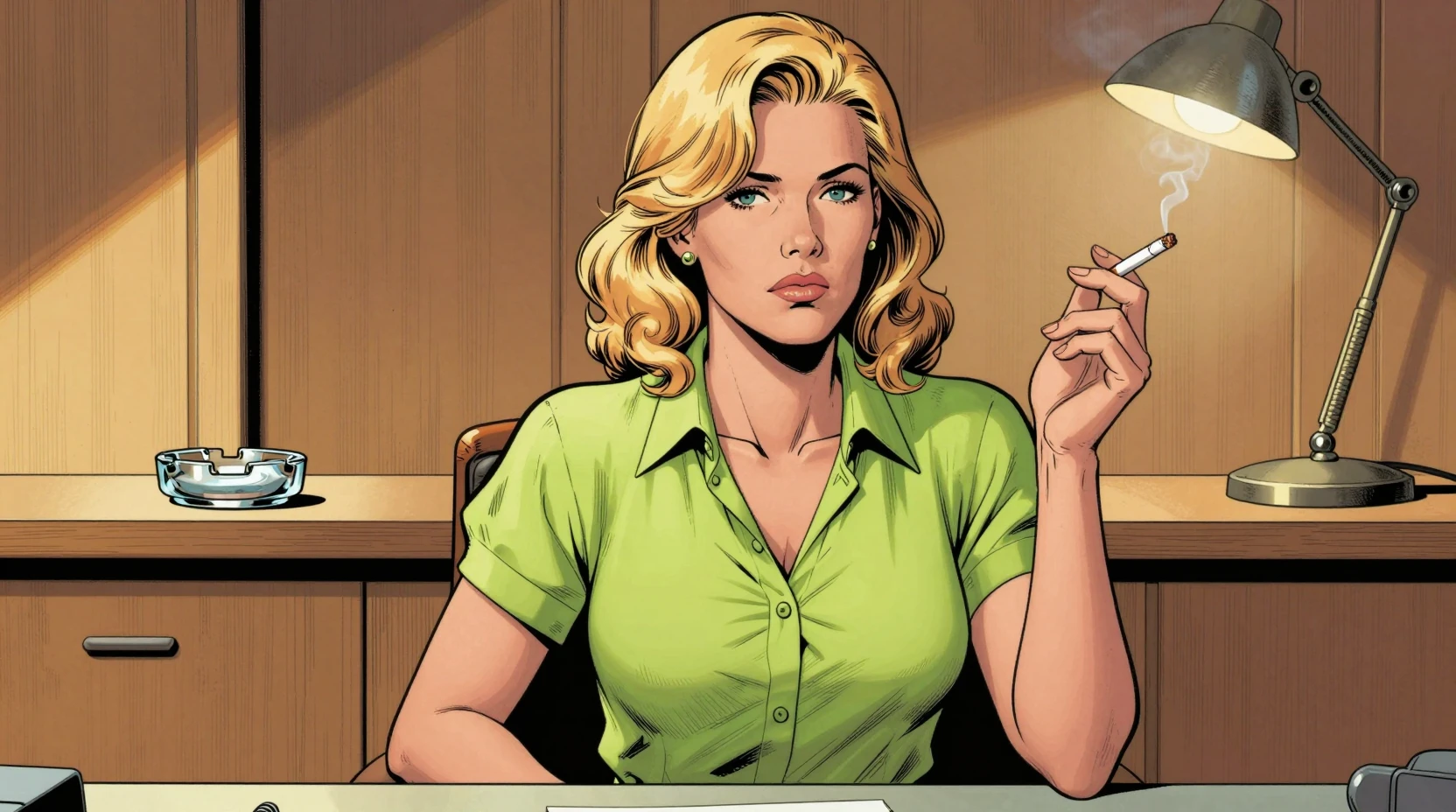 Serious blonde woman smoking at office desk