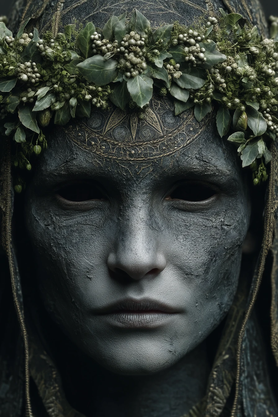Surreal fantasy portrait of a being with void black eyes