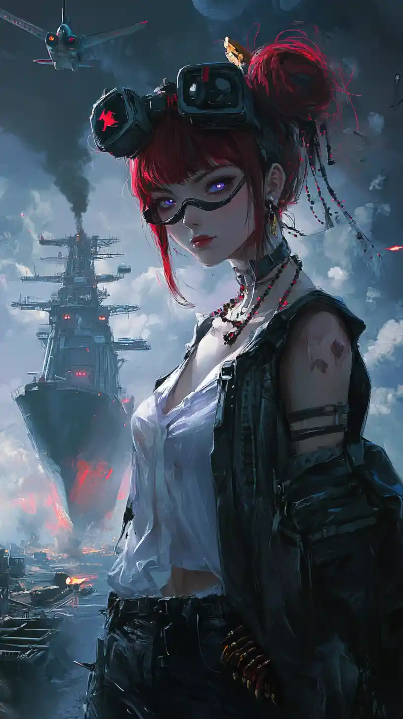 Anime girl on shipwreck scaffolding under a dark night sky