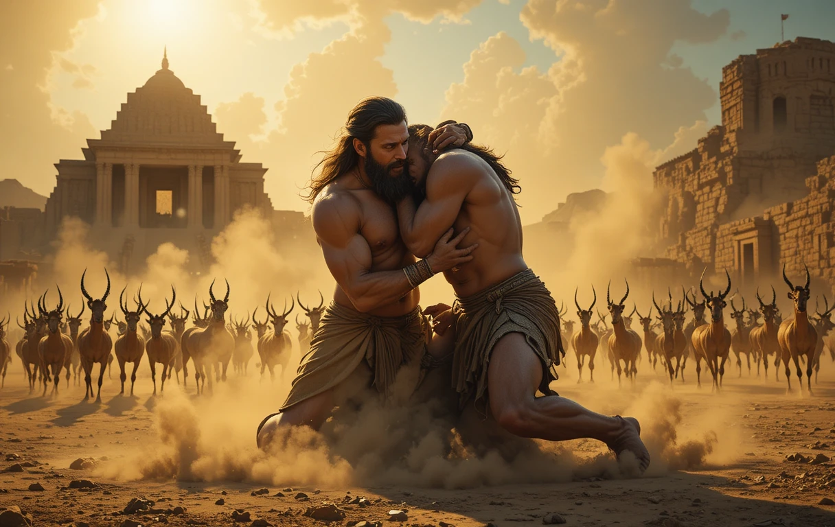 Mythic heroes wrestling before an ancient temple at dusk