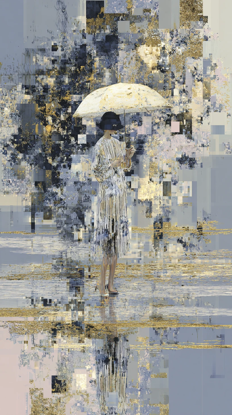 Patchwork umbrella dissolving into digital fragments and glitches
