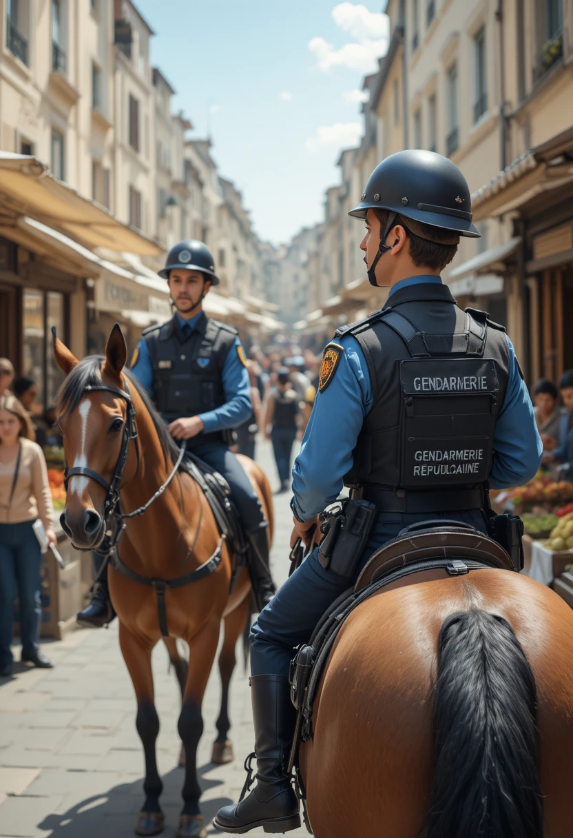 Mounted gendarmerie officers patrolling a busy outdoor market