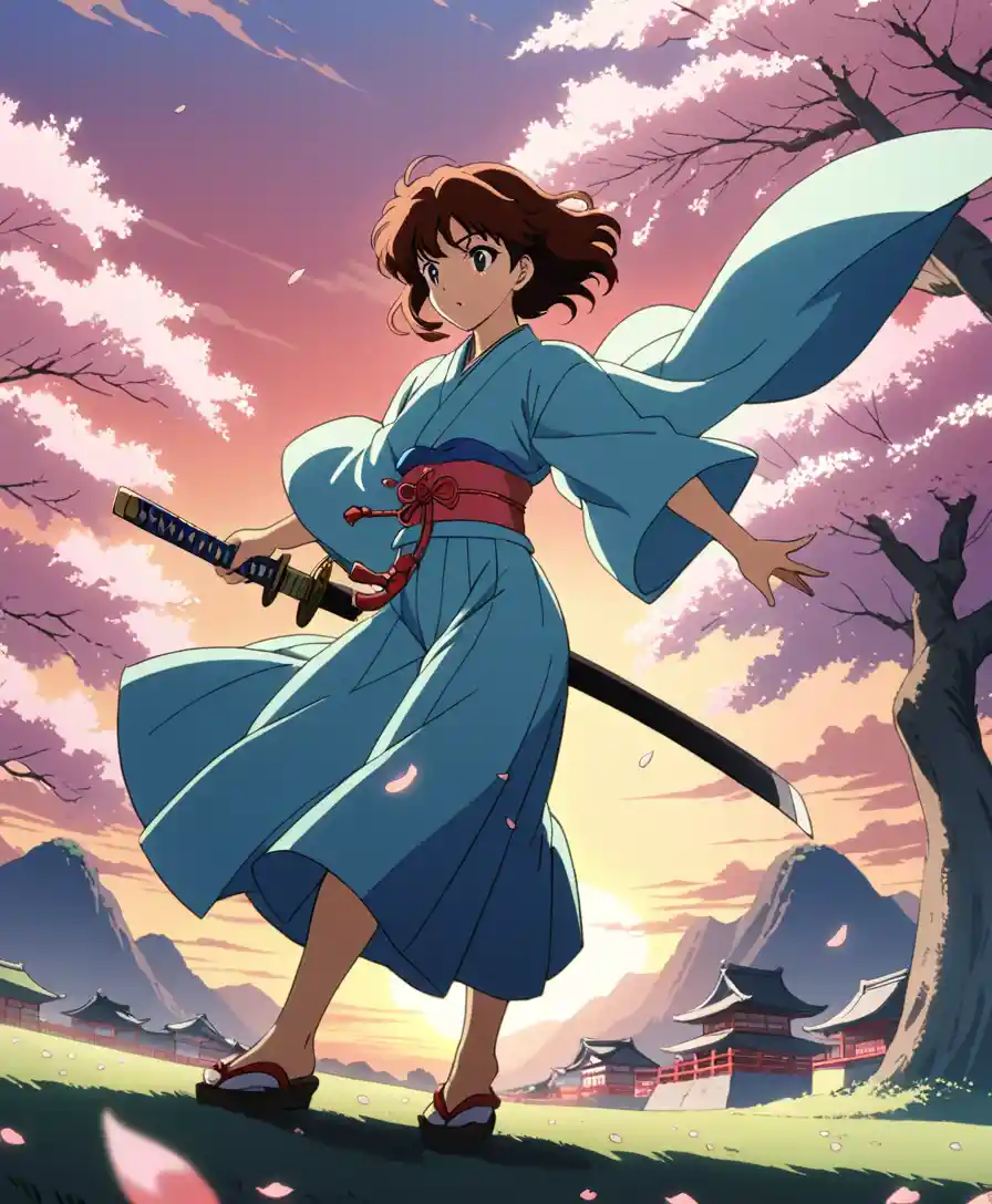 Anime swordsman under cherry blossoms at dramatic sunset