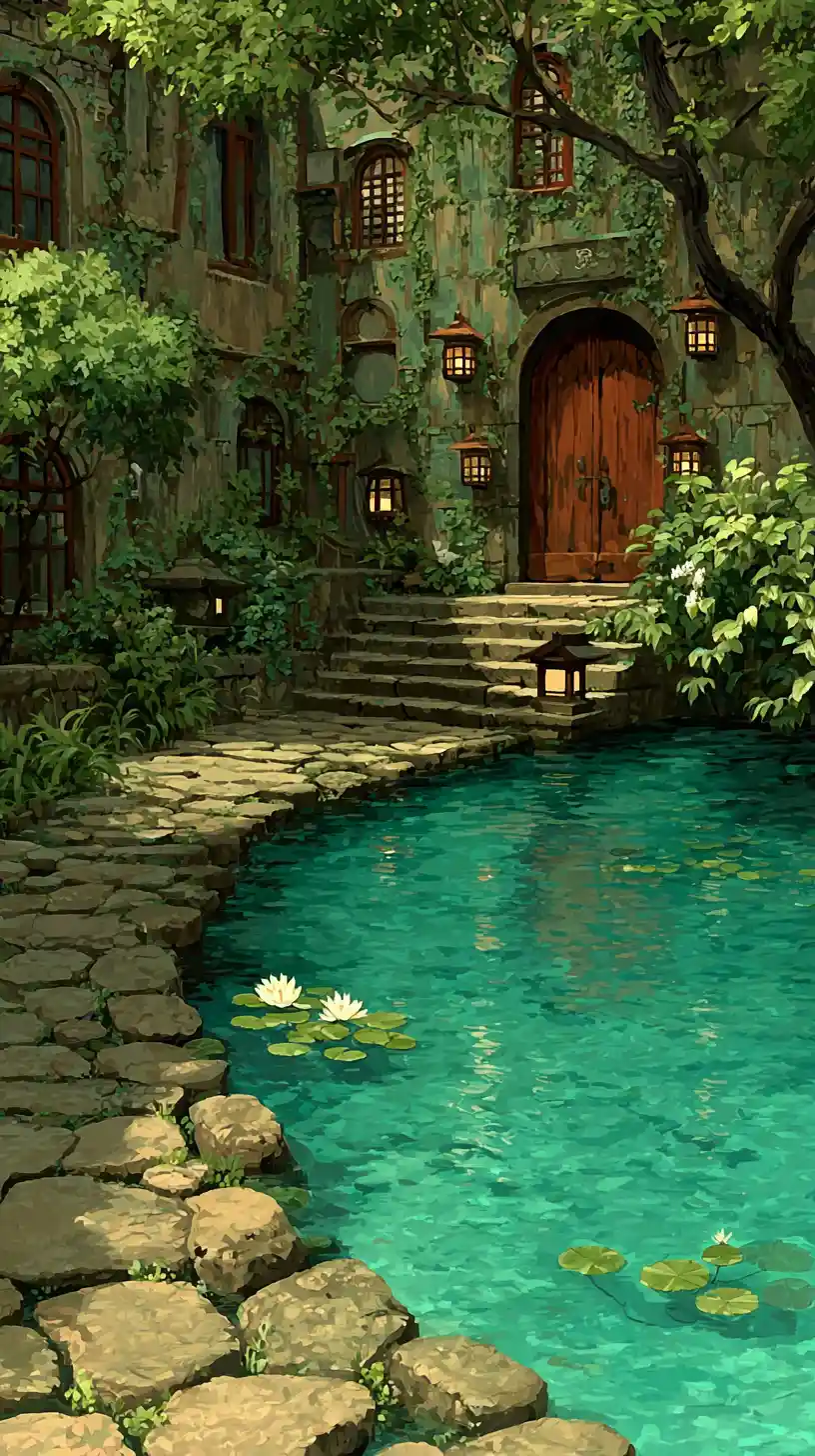 Ancient garden with lotus pond and old stone path