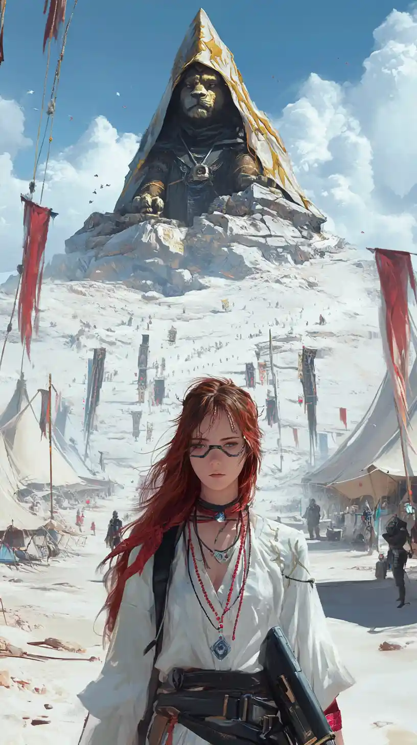 Anime girl in a vast desert camp of ornate white tents