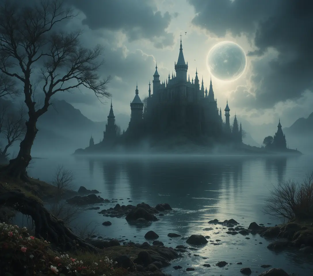 Mystical isle amid sorrowful streams in a fantasy landscape