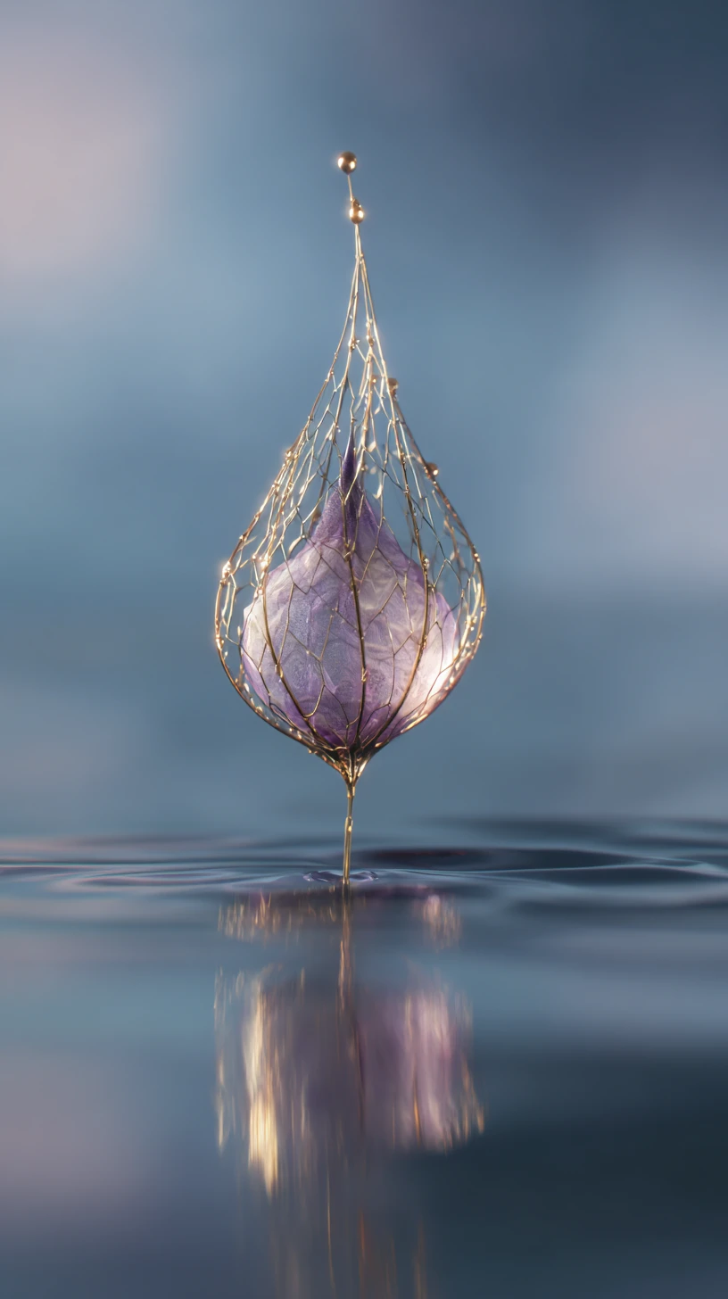 Majestic Frozen Droplet Suspended Above Reflective Water