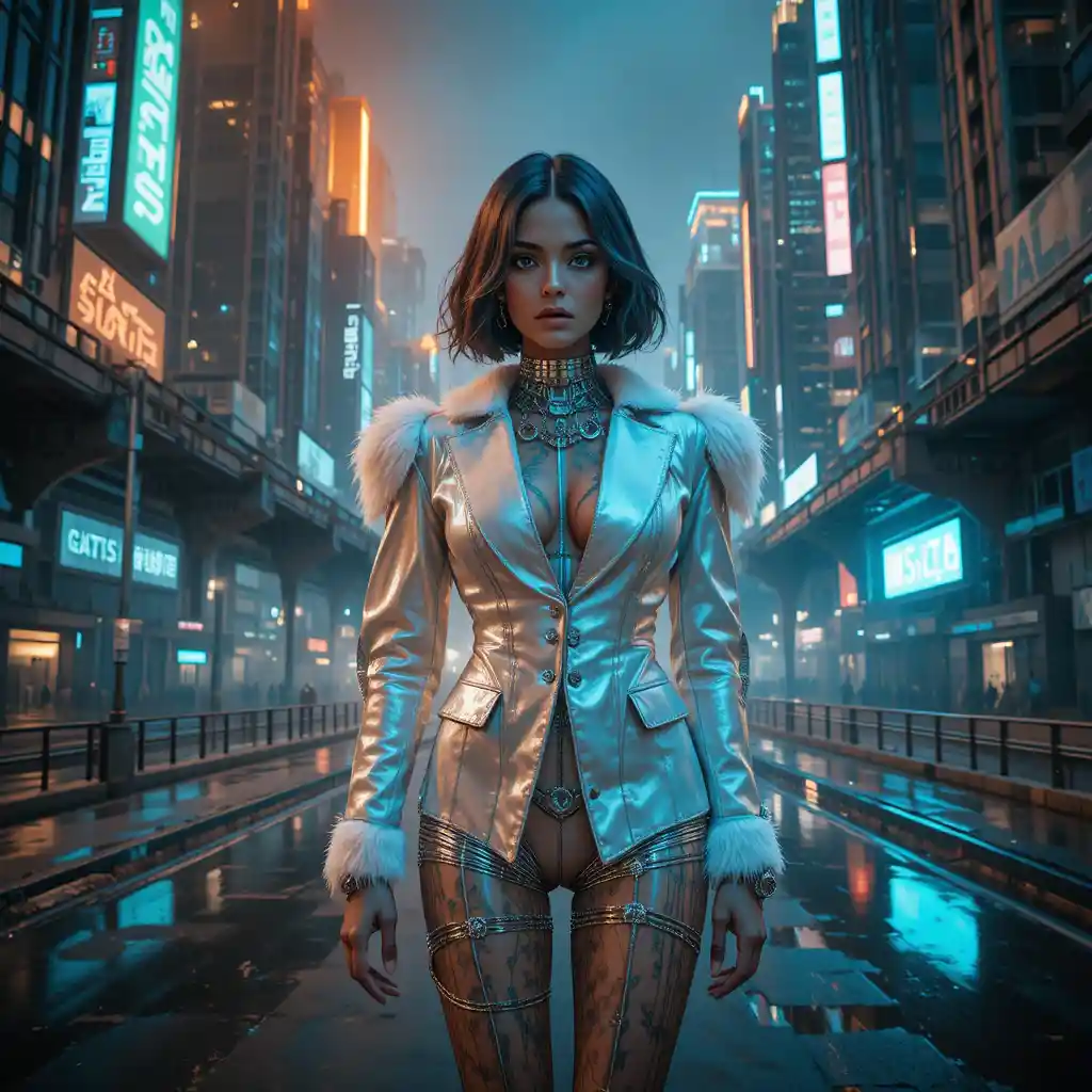 Space punk fashion woman in neon tropical night city