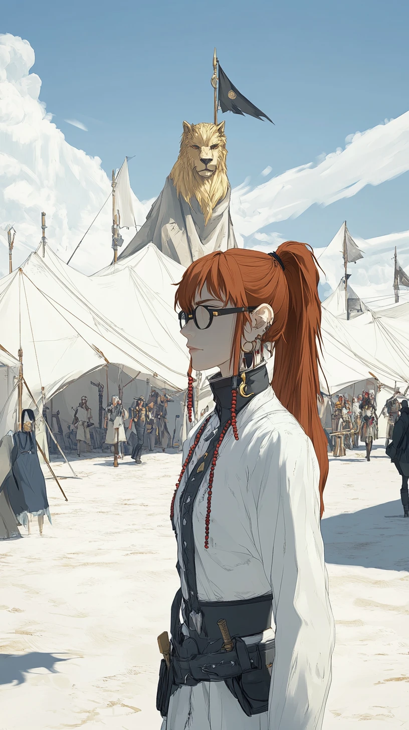 Anime girl in a vast white desert tent camp