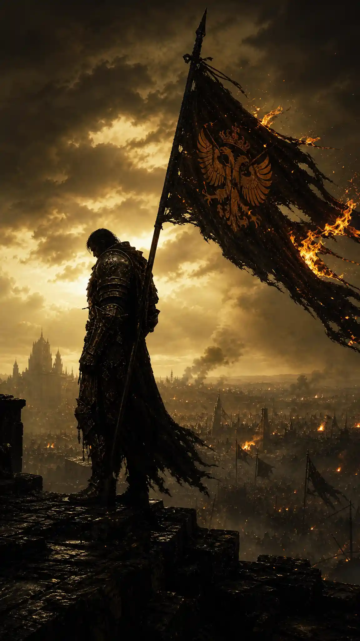 Lone armored soldier on ruined fortress wall with burning flag