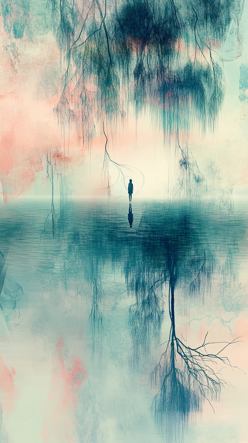 Serene lake with floating canopy and lone figure