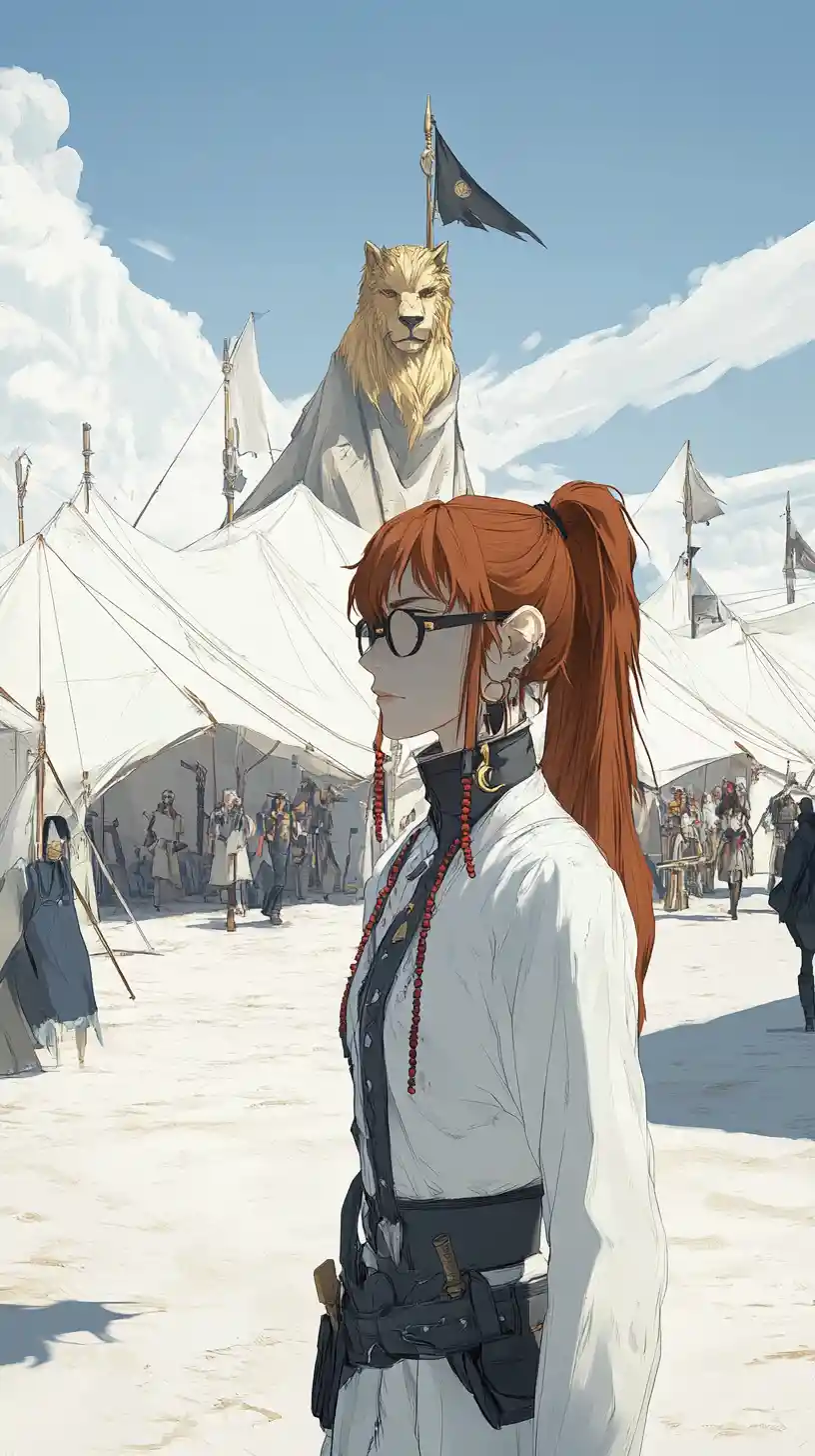 Anime girl in a vast white desert tent camp