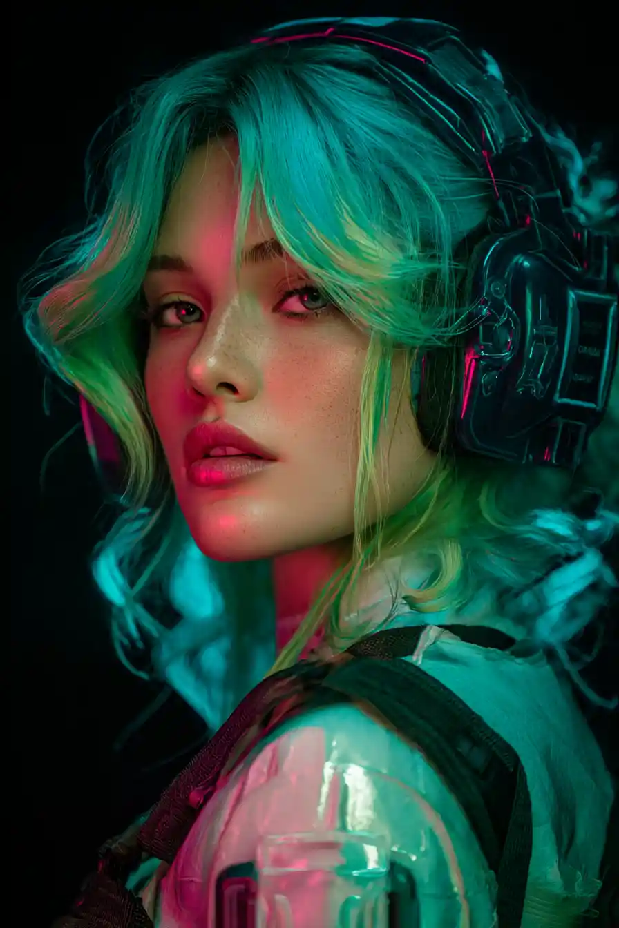 Futuristic cyberpunk woman with neon green gradient hair