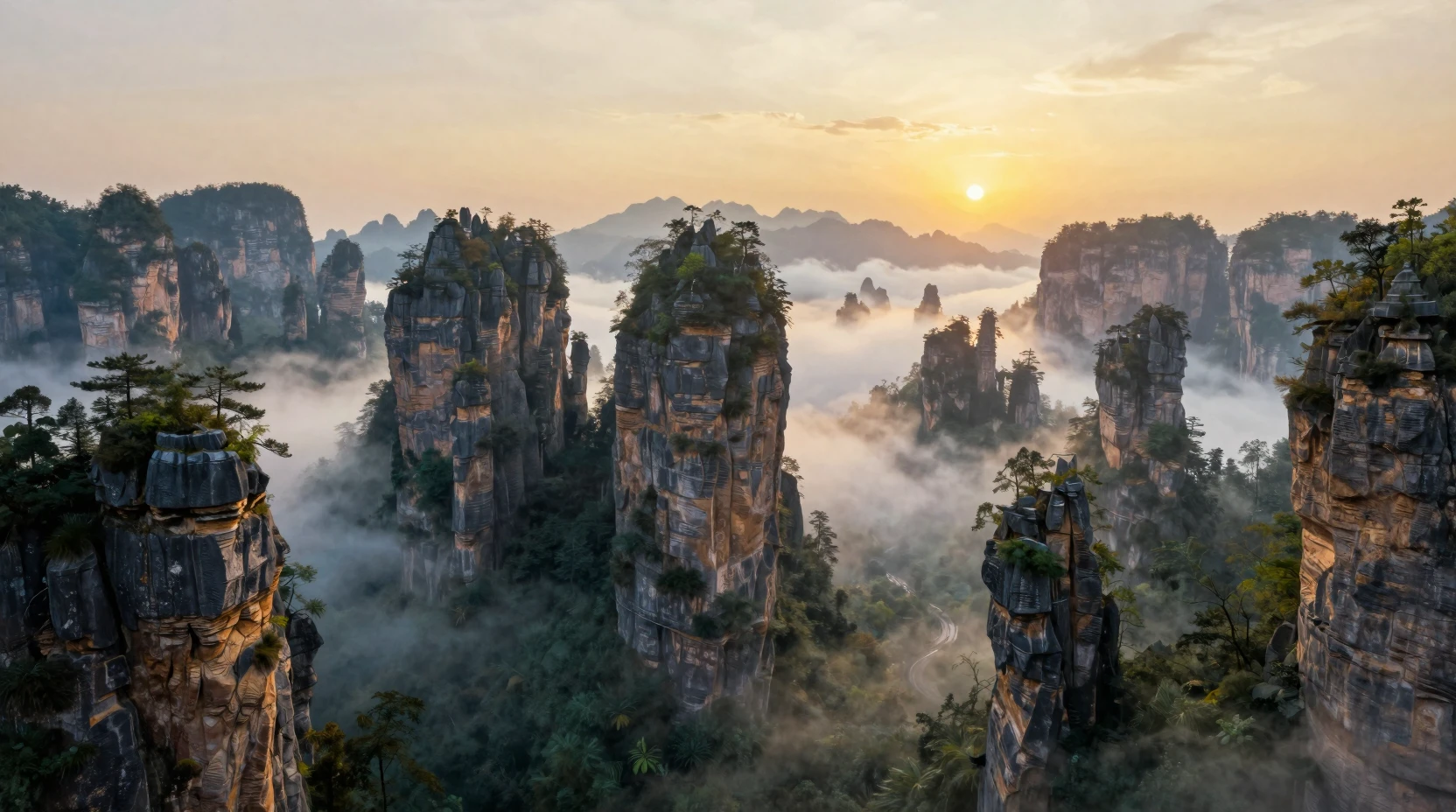 Aerial view of misty karst mountains at sunrise