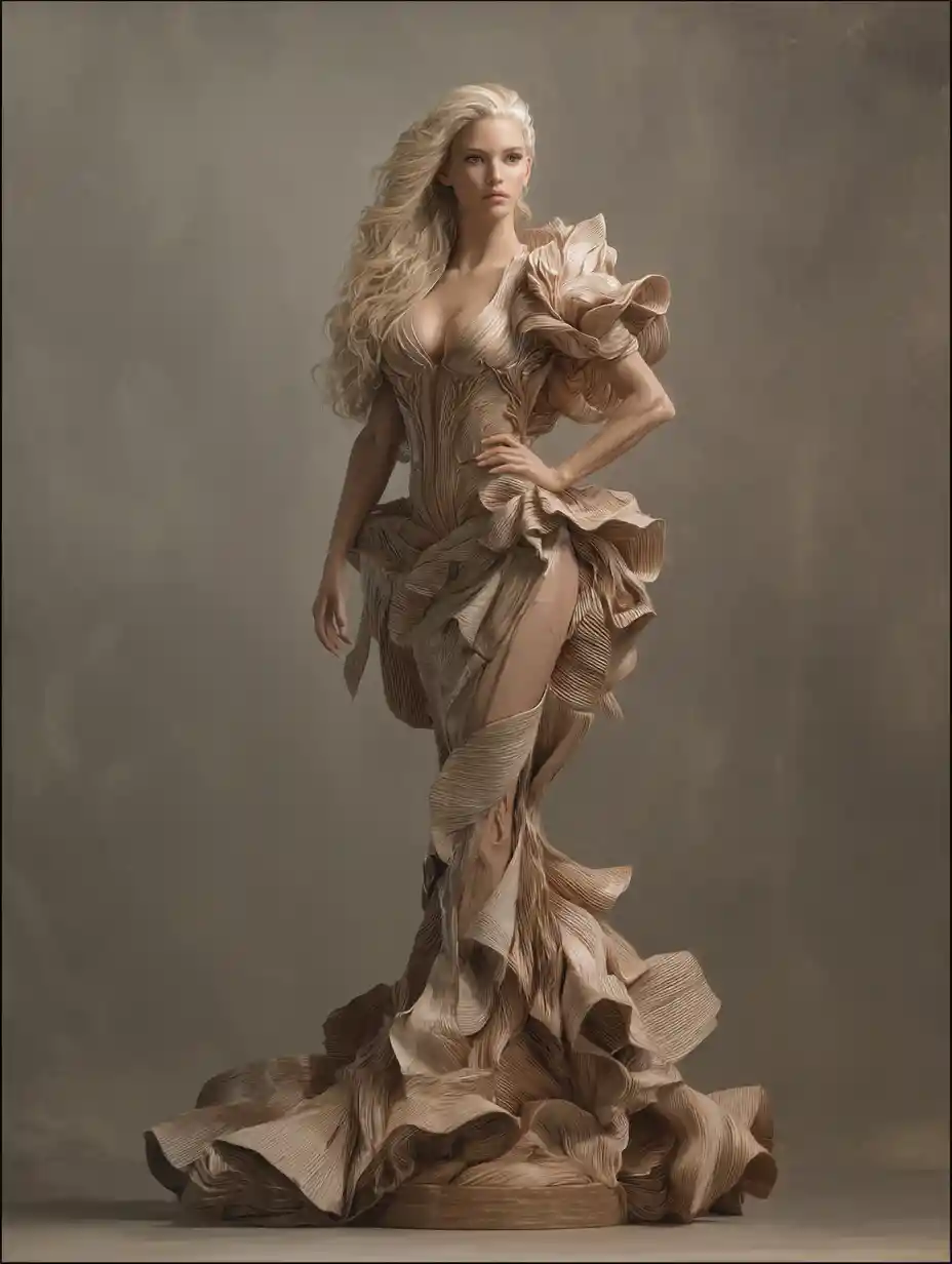 Statuesque blonde warrior woman in glowing sculpted dress
