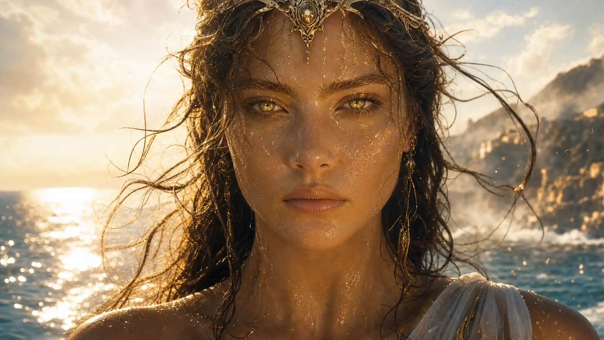 Close up of serene woman glowing before the ocean