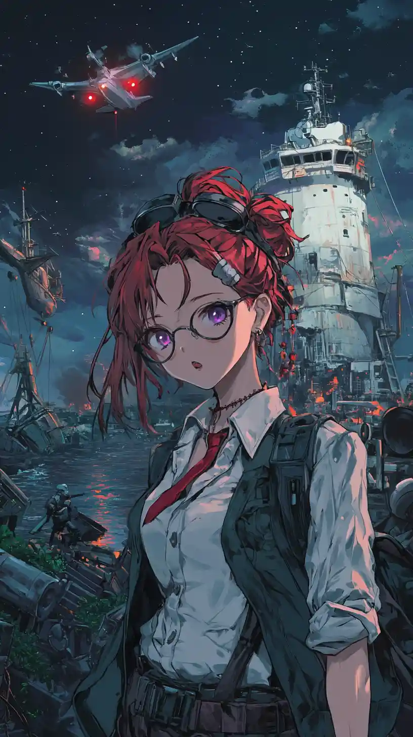 Anime girl on wrecked modern ship under night sky