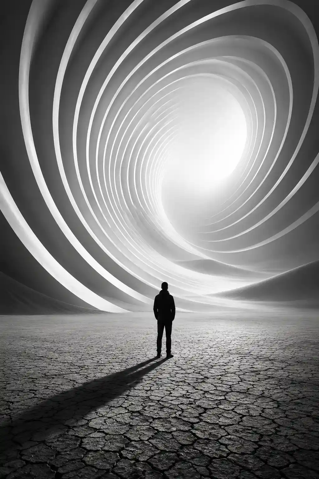 Lone figure facing swirling architectural vortex in monochrome
