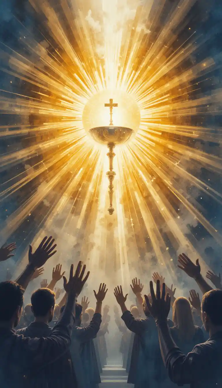 Close up watercolor monstrance with radiant holy eucharist