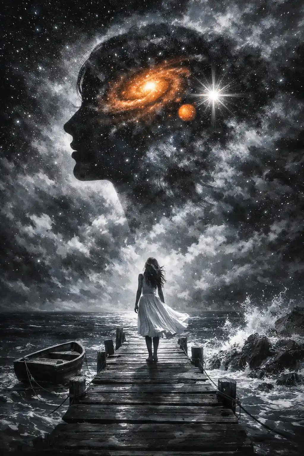 Woman on a pier beneath a cosmic female silhouette
