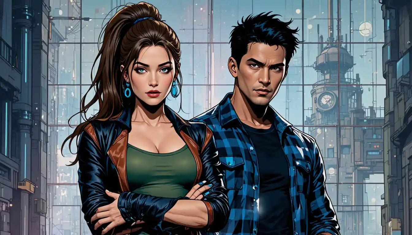 Serious duo in leather and plaid against futuristic grid