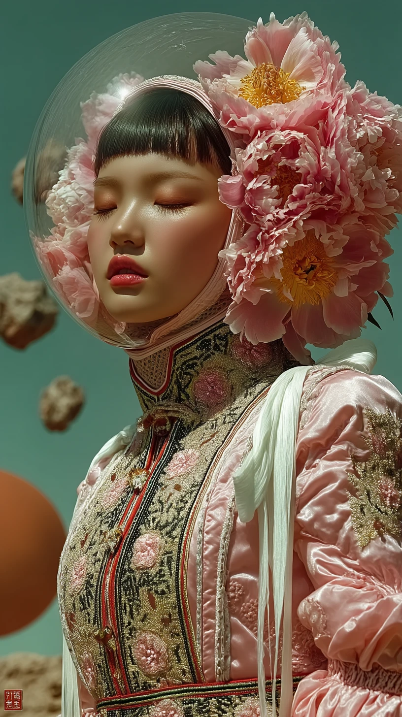 Serene spacefaring woman in floral pink helmet portrait