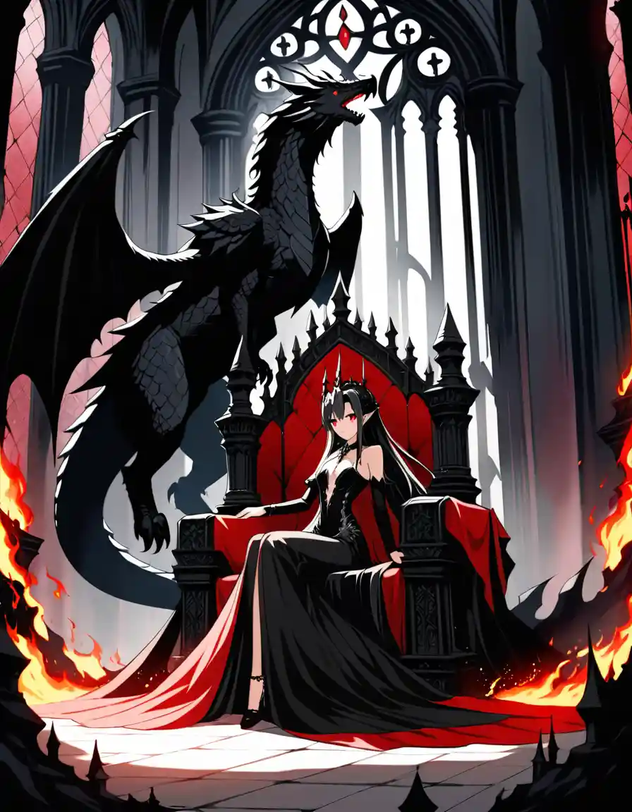 Regina dark in stile anime su un trono di drago in un castello gotico