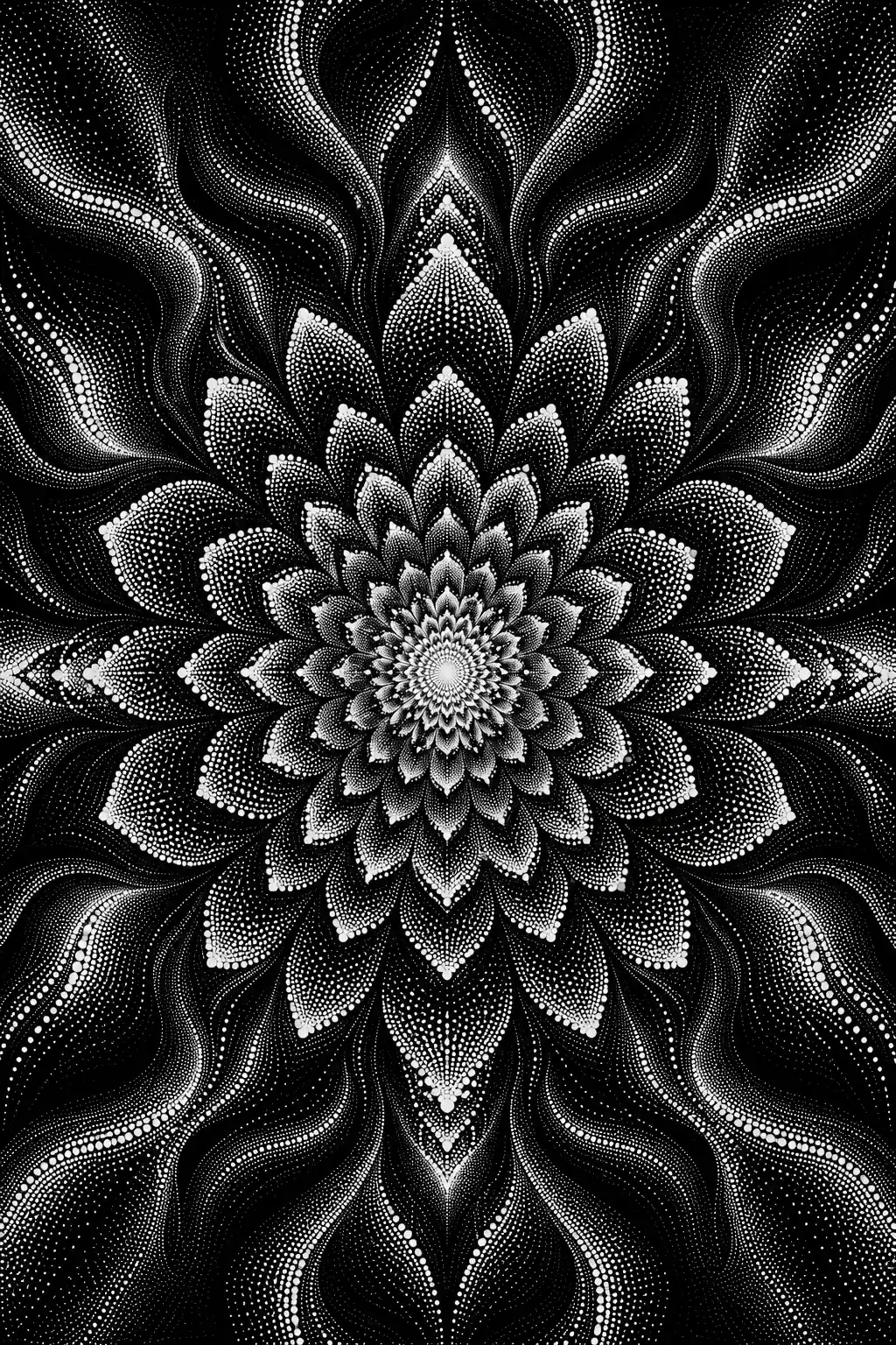 Hypnotic Black And White Radial Mandala Dot Illustration