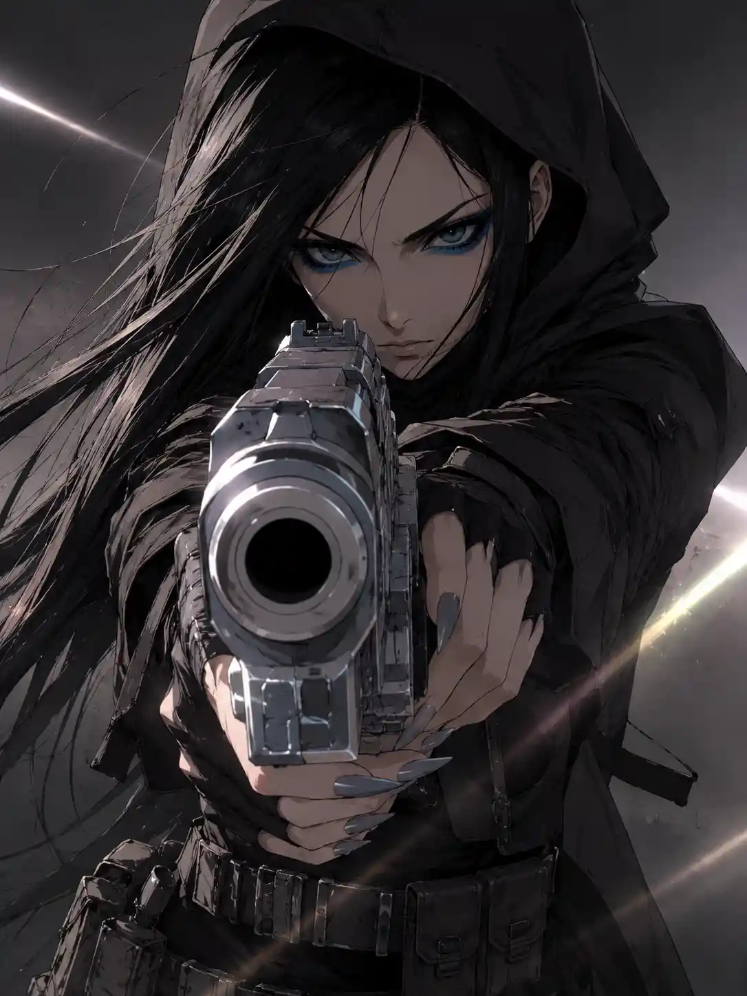 Cyberpunk anime warrior aiming handgun at the viewer