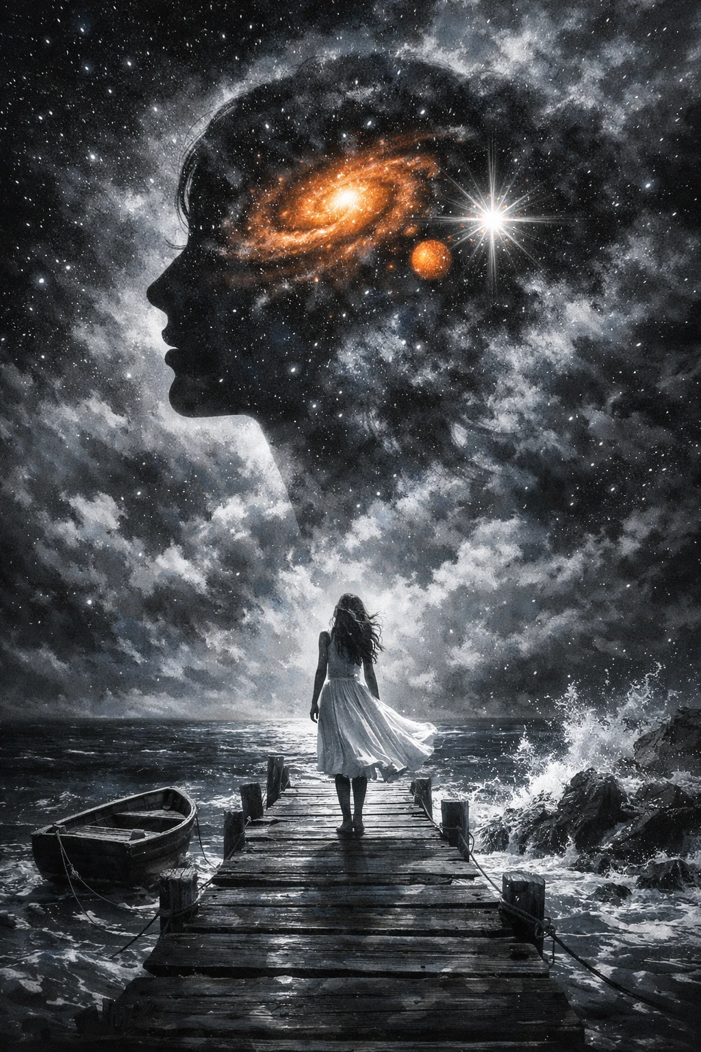 Donna su un molo sotto una silhouette femminile cosmica