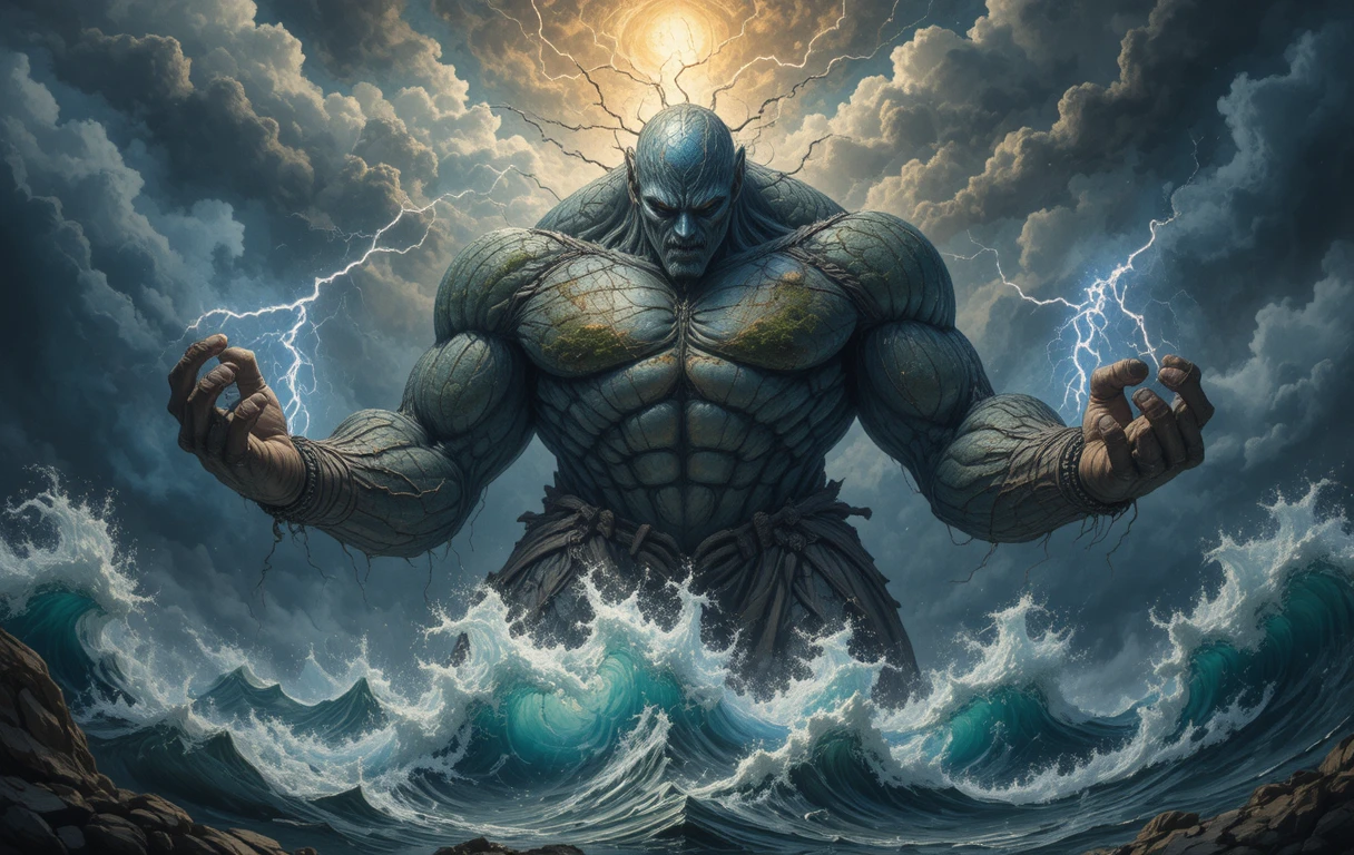 Earth spirit giant rising from a stormy ocean