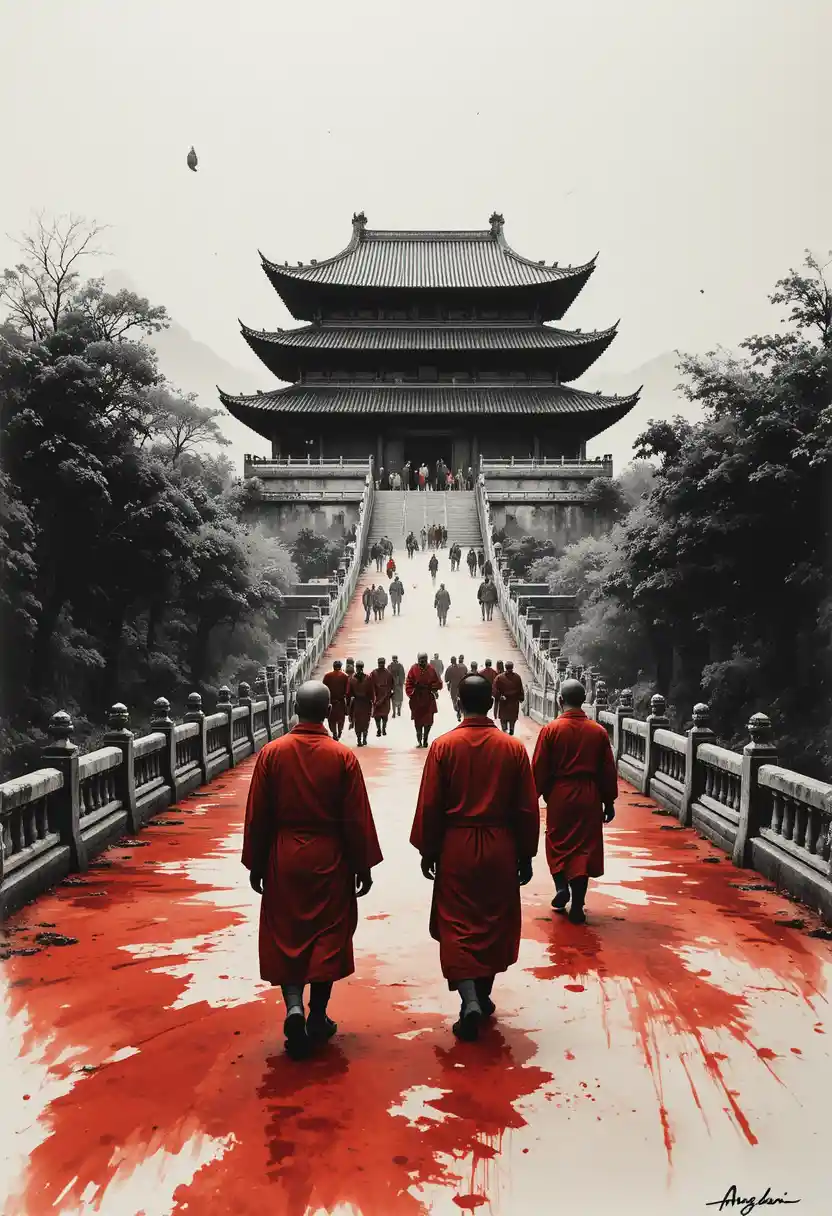 Ink stained monks walking toward distant chinese temple