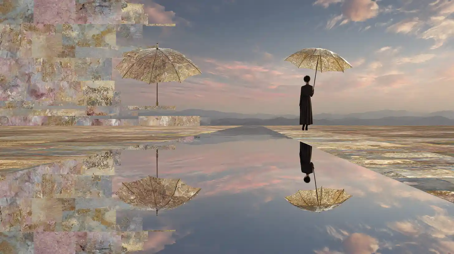 Solitary figure beneath twin umbrellas in surreal pastel sky