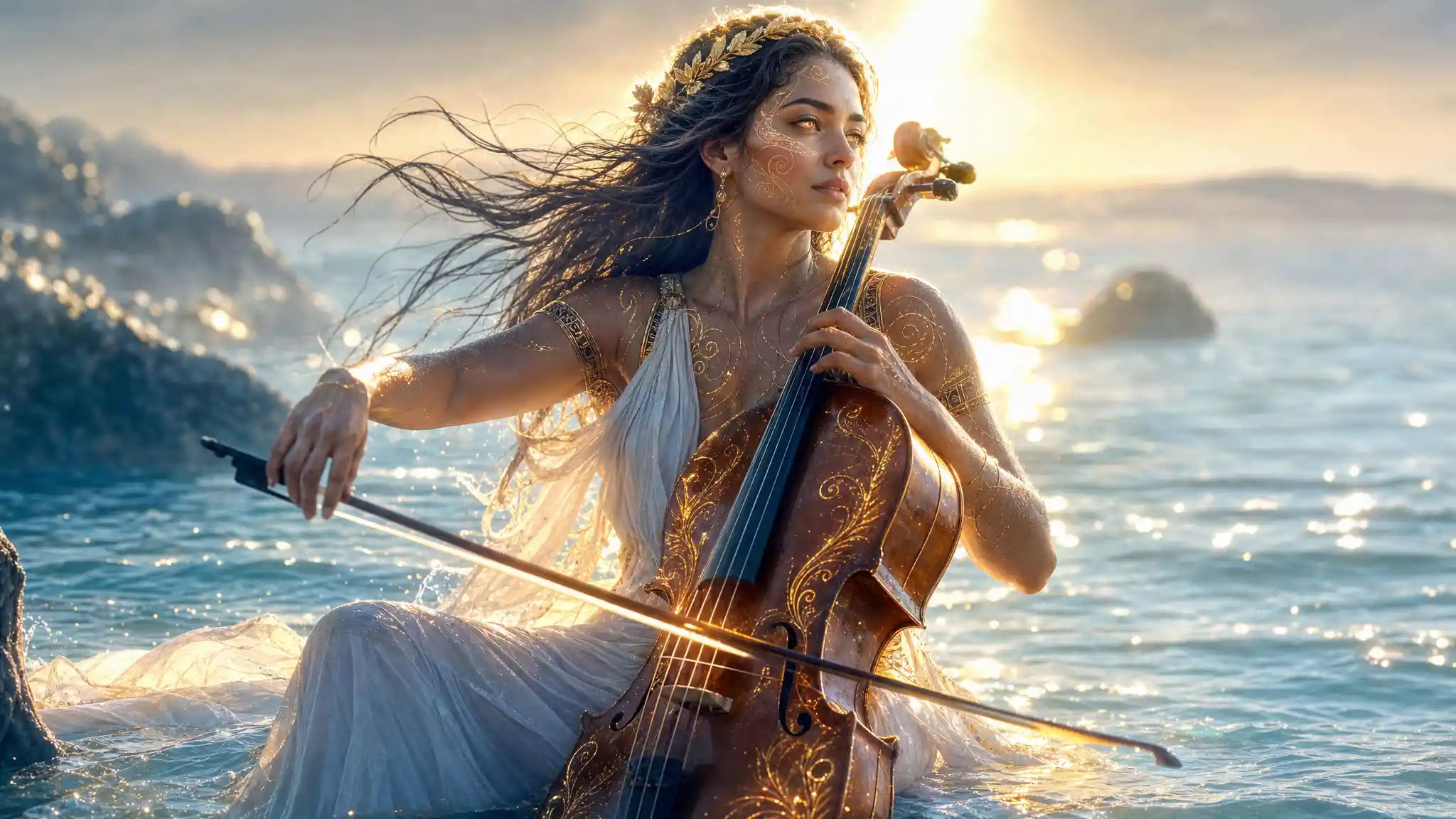 Serene woman playing cello at the edge of the sea
