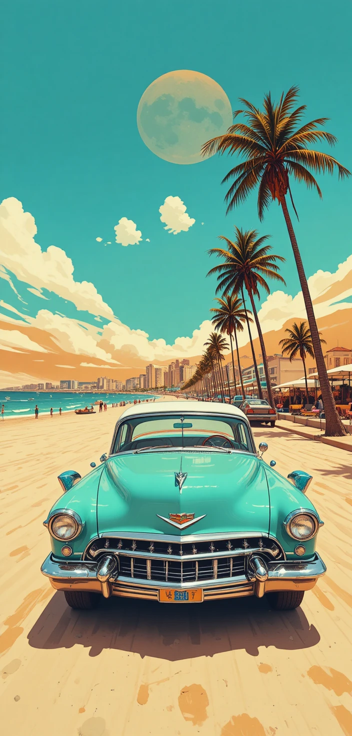 Coche turquesa vintage en un paseo marítimo soleado con palmeras
