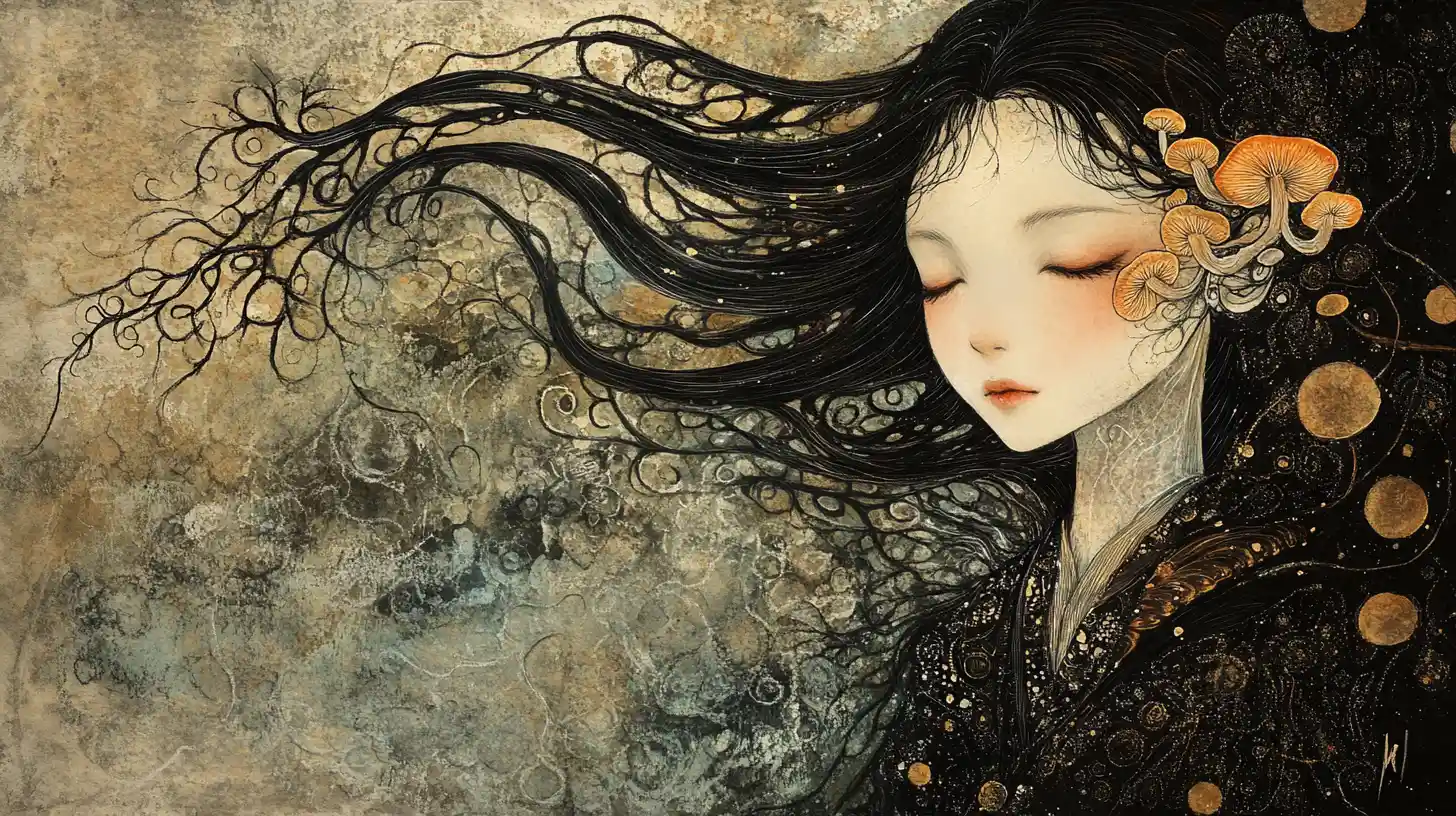 Surreal maiden holding glowing fungi branch in flowing gown