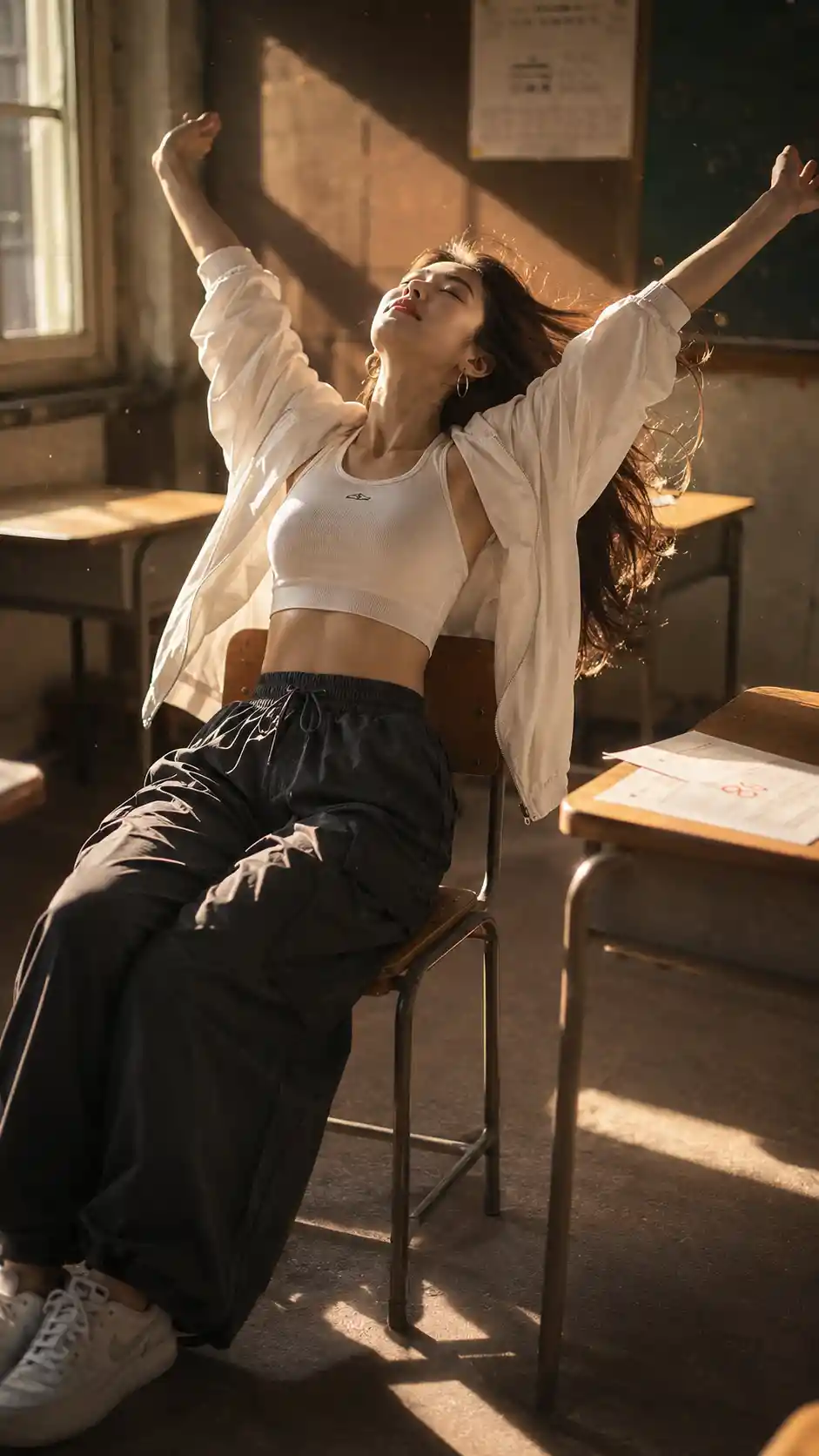 Woman stretching back on a classroom chair in sunlight