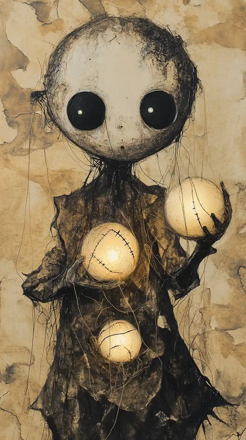 Surreal child figure holding glowing thread bound orbs