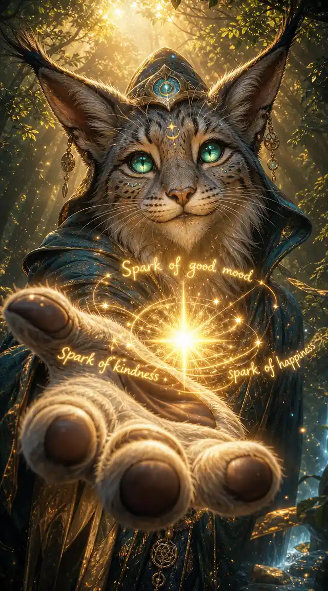 Fantasy lynx sorcerer offering a glowing spark of joy