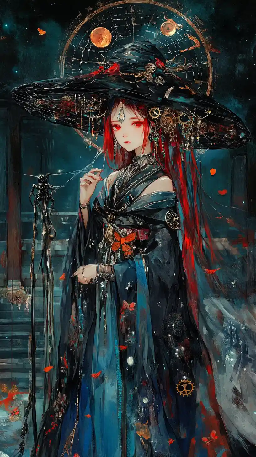 Anime witch girl at a Japanese temple with fireworks