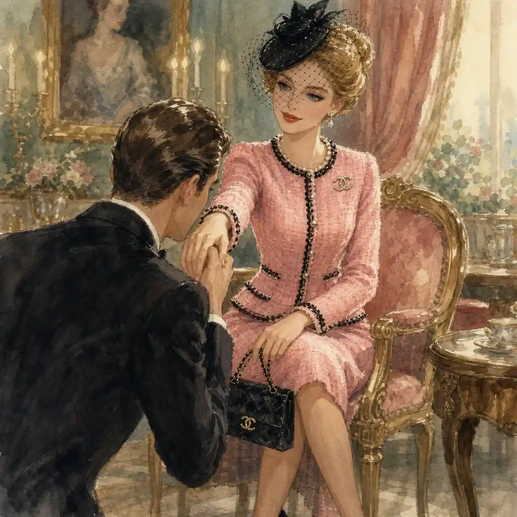 Elegant woman in pink suit offering her hand in salon
