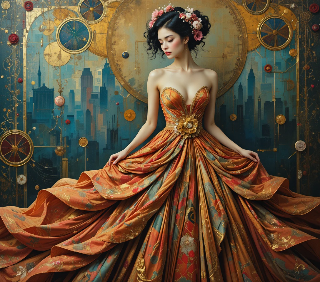 Surreal woman in ornate gown against vibrant abstract backdrop
