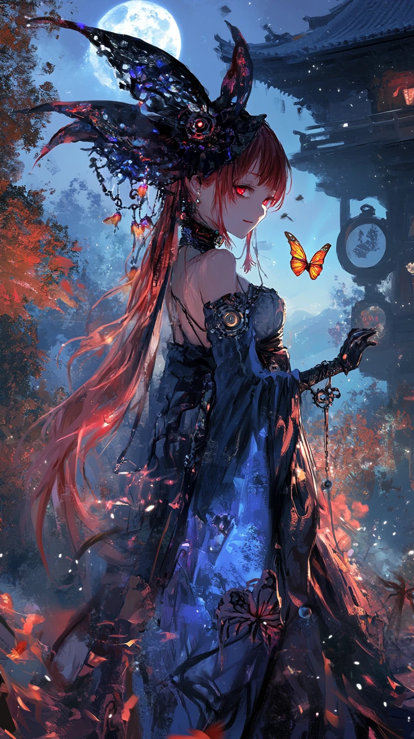 Red haired witch girl at night by a Japanese temple