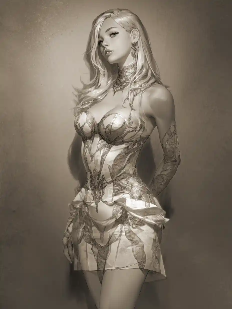 Statuesque blonde warrior woman in glowing sculpted dress
