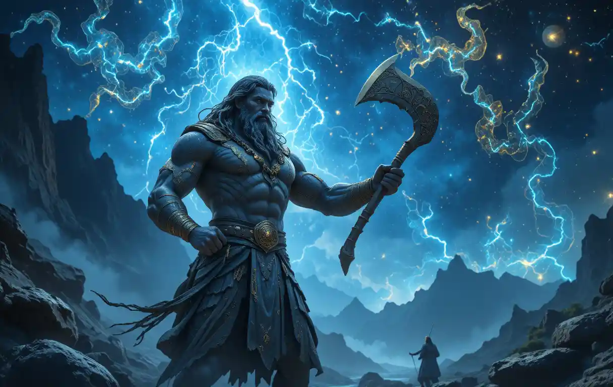 Mythic hero breaks stone weapons in starry mountain pass
