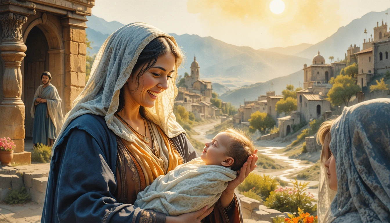 Elderly mother holding newborn in warm biblical sunlight