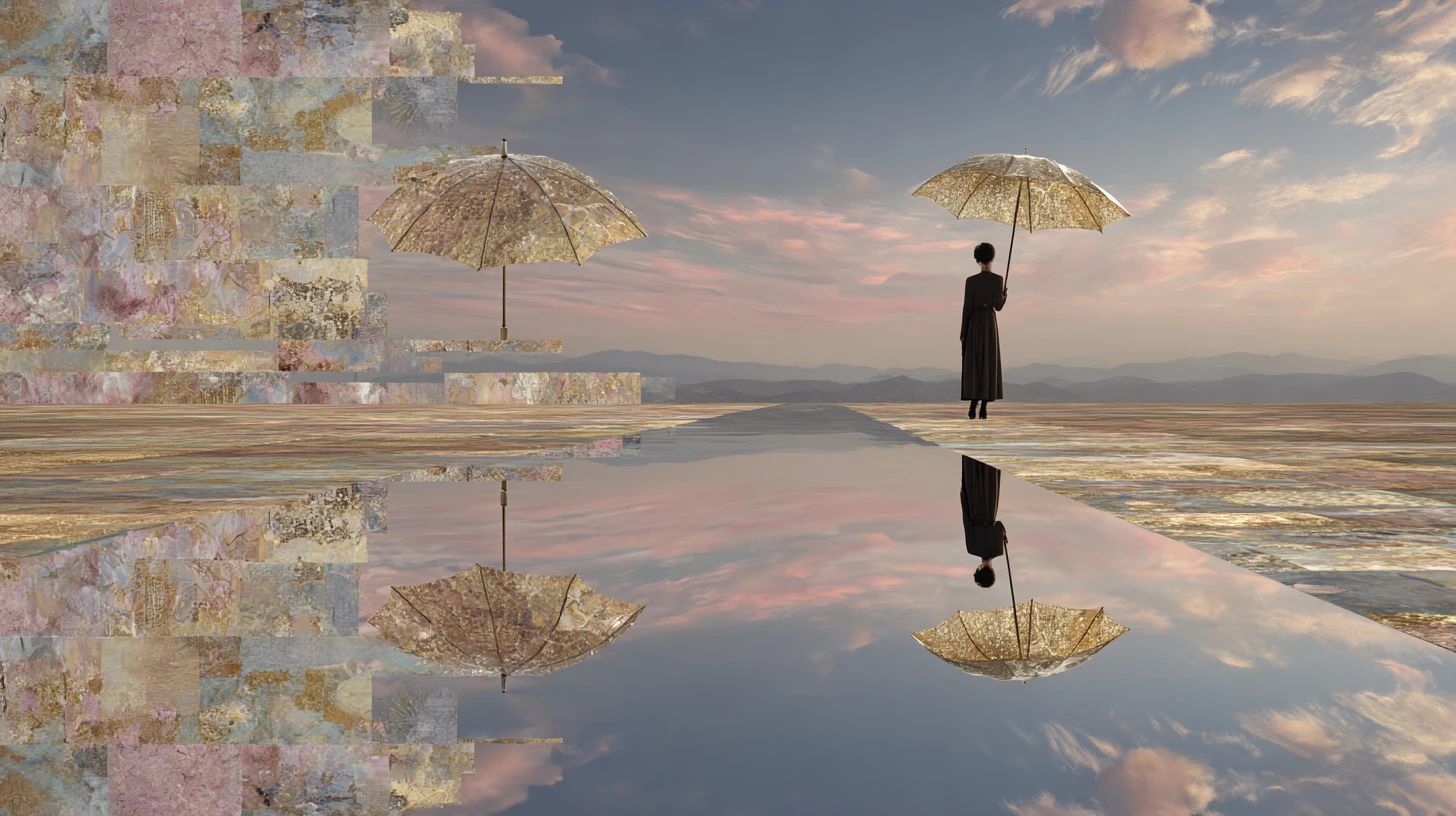 Solitary figure beneath twin umbrellas in surreal pastel sky