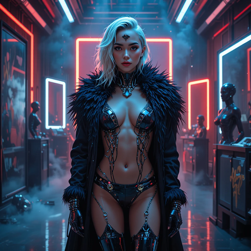 Cyberpunk fashion woman in neon lit photo studio